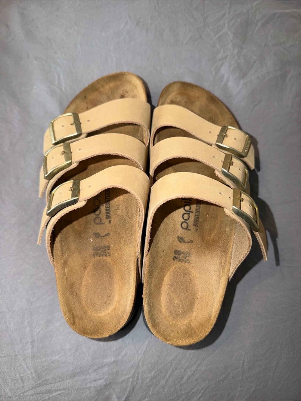 Birkenstock Triple Strap Sandals Beige with Gold Buckles